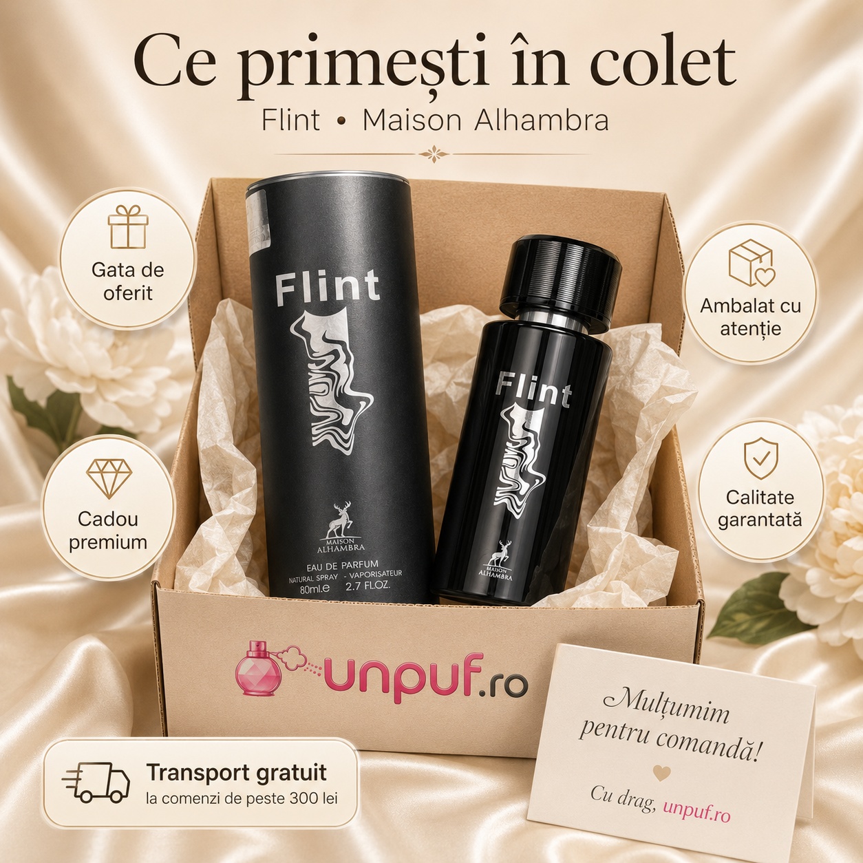 Ce primești în colet Parfum Alhambra Flint Maison Alhambra 80 ml ambalat cu atenție