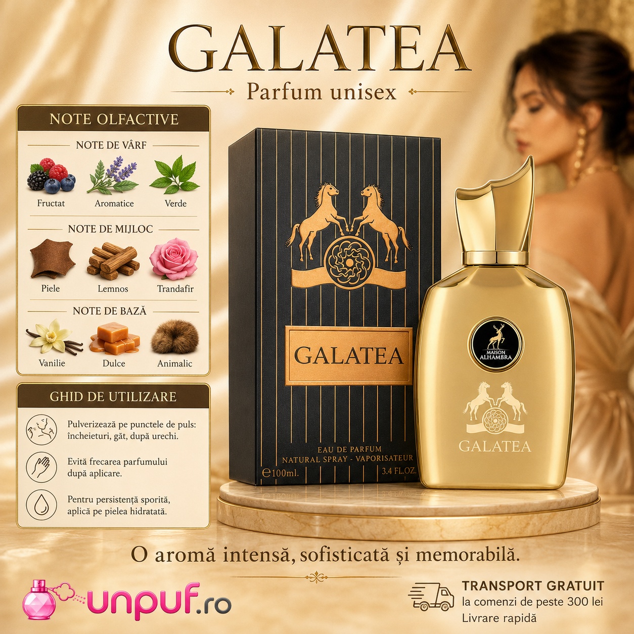 Alhambra Galatea note olfactive cu bergamotă condimente fructe dulci santal trandafir ambră mosc și vanilie