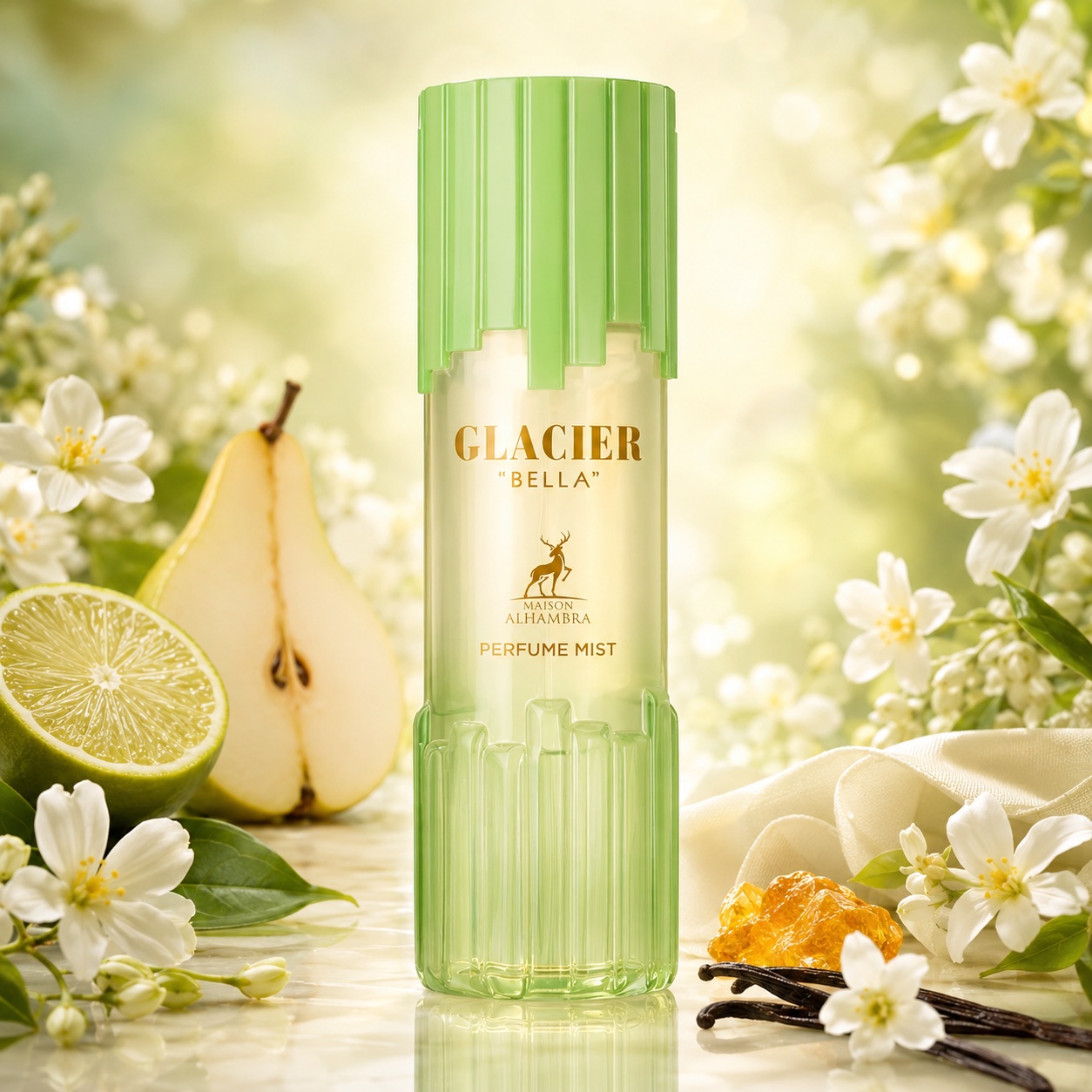 Alhambra Glacier Bella Body Mist 250ml, spray parfumat de damă verde glaciar cu pară, citrice, flori albe și vanilie