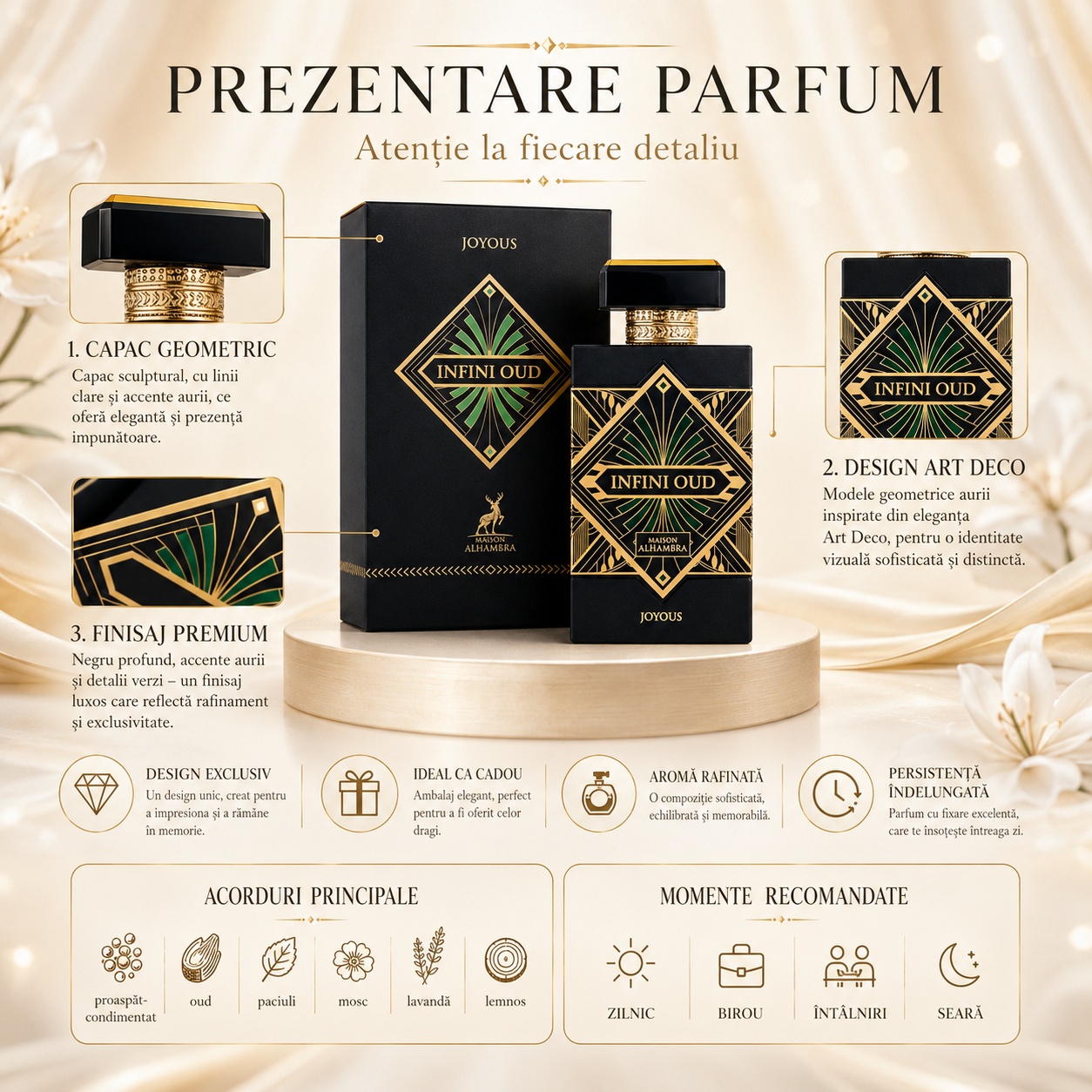 Prezentare parfum Alhambra Infini Oud Joyous 100 ml cu detalii art deco, capac geometric, finisaj premium și acorduri principale