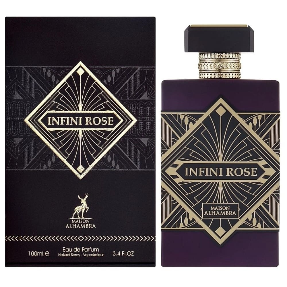 Parfum Alhambra Infini Rose Maison Alhambra 100 ml sticlă și cutie pe fundal alb