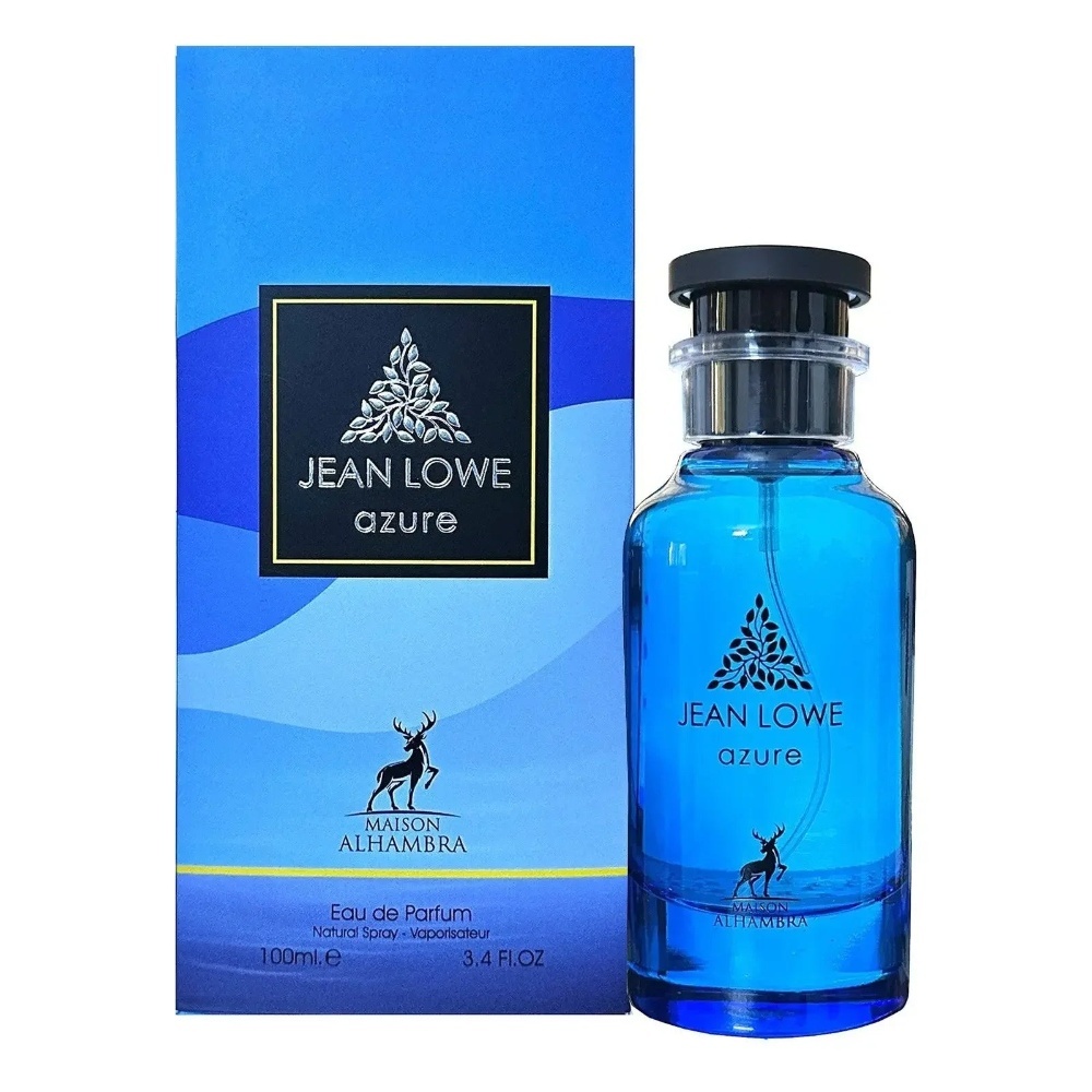 Parfum Alhambra Jean Lowe Azure Maison Alhambra 100 ml sticlă și cutie pe fundal alb
