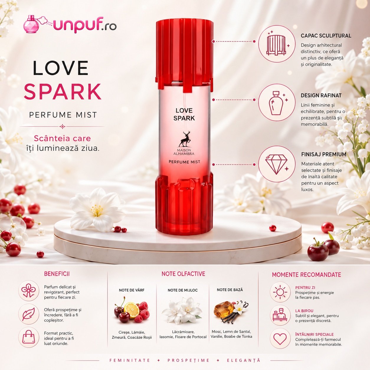 Prezentare Alhambra Love Spark Body Mist cu detalii despre capac, design, note olfactive și momente recomandate