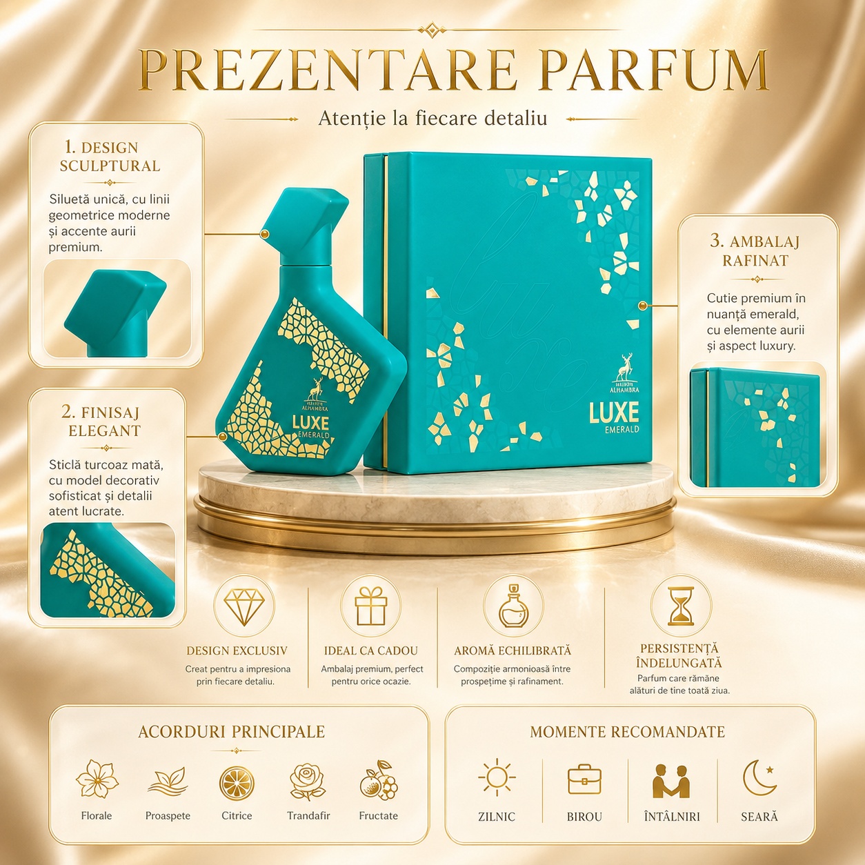 Prezentare parfum Alhambra Luxe Emerald Maison Alhambra 100 ml cu detalii premium și acorduri principale
