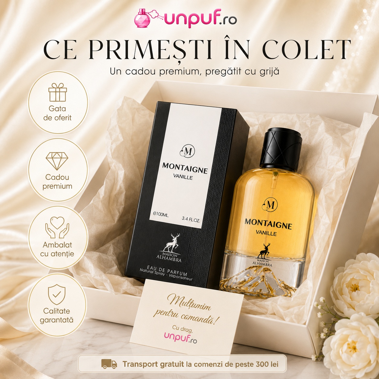 Colet parfum Alhambra Montaigne Vanille ambalat cu atenție, gata de oferit cadou premium