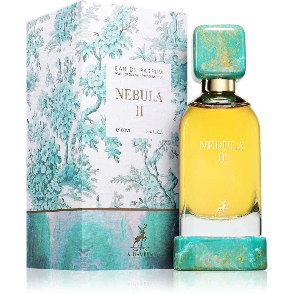 Parfum Alhambra Nebula II Maison Alhambra 100 ml sticlă și cutie pe fundal alb