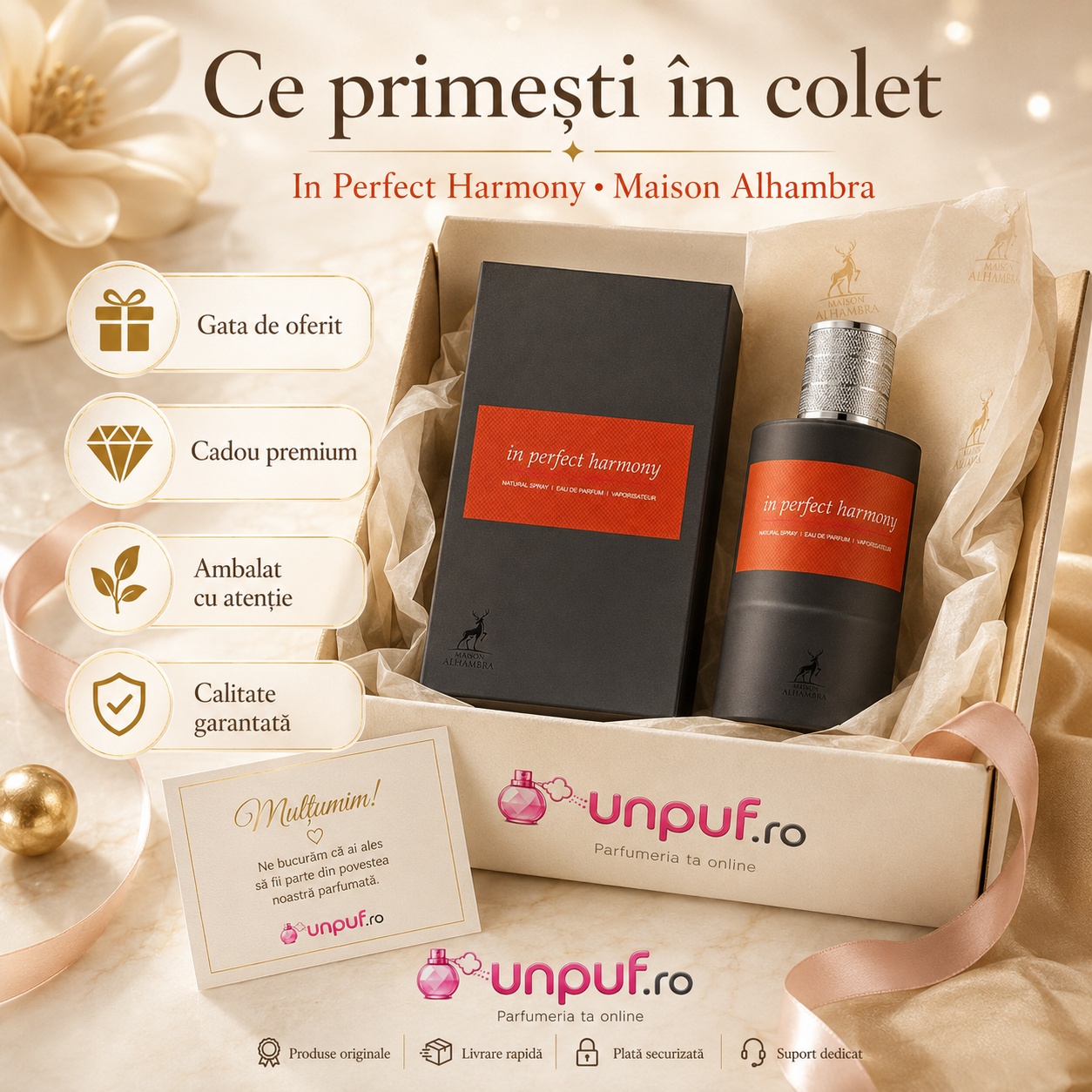 Ce primești &icirc;n colet Parfum Alhambra Perfect Harmony Maison Alhambra 100 ml ambalat cu atenție