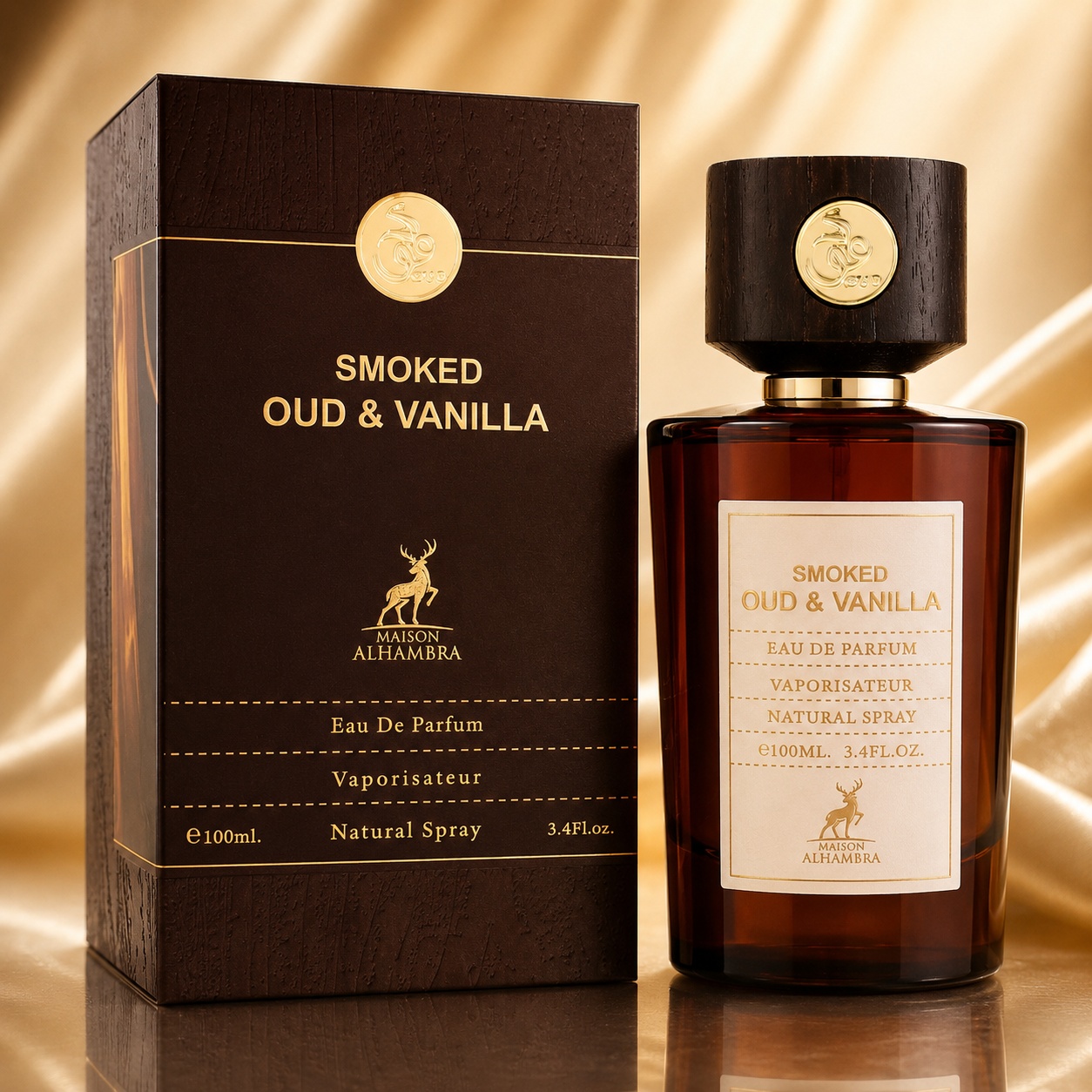 Parfum Arăbesc Alhambra Smoked Oud & Vanilla Maison Alhambra 100 ml cu sticlă ambrată și cutie maro premium