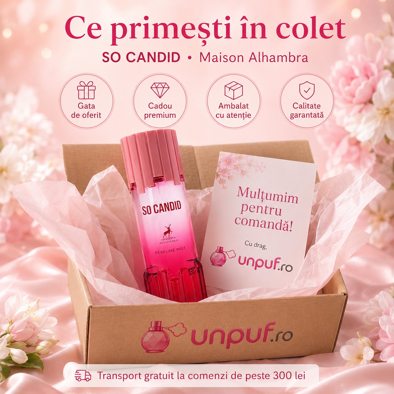 Ce primești în colet la Alhambra So Candid Body Mist, ambalaj premium UnPuf.ro și prezentare cadou
