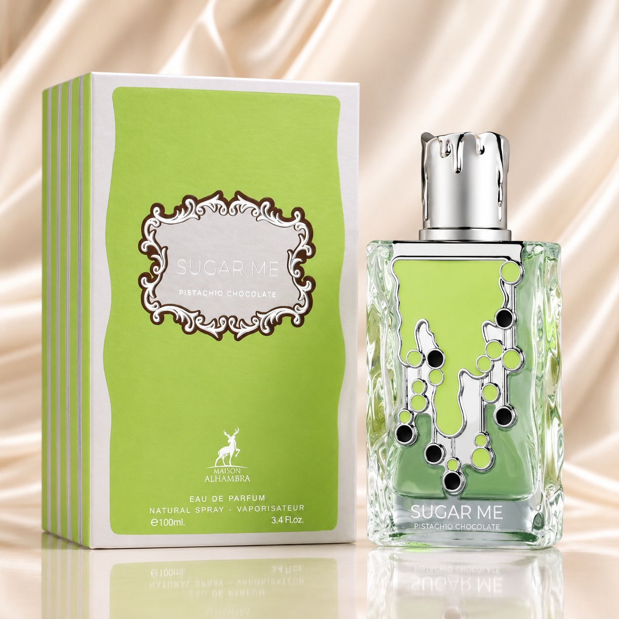 Parfum Arăbesc Alhambra Sugar Me Pistachio Chocolate Maison Alhambra 100 ml cu sticlă verde și cutie premium