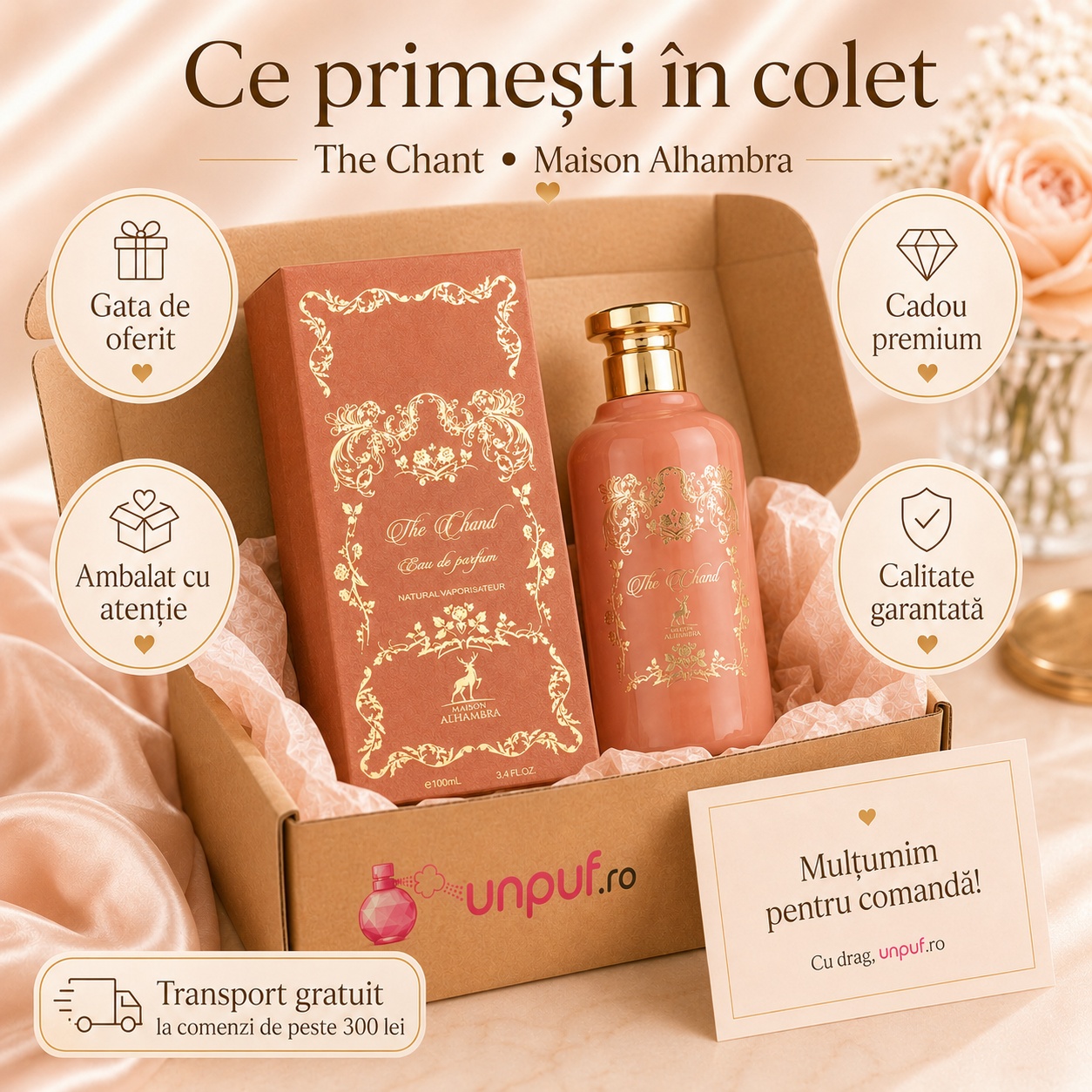 Ce primești &icirc;n colet Parfum Alhambra The Chant Maison Alhambra 100 ml ambalat cu atenție pentru cadou premium
