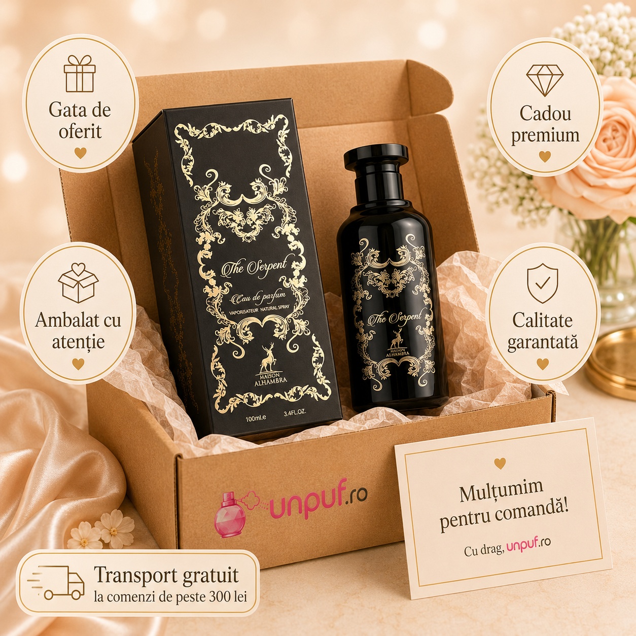 Ce primești în colet Alhambra The Serpent 100 ml, parfum original, ambalat cu atenție și cadou premium