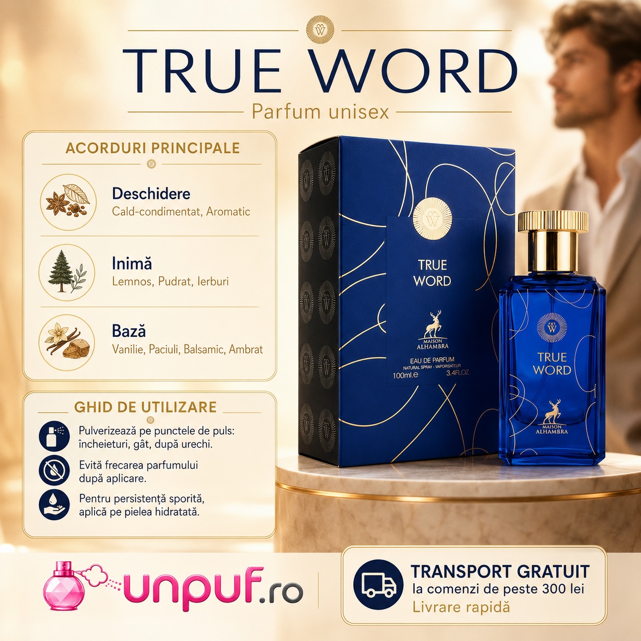 Alhambra True Word note olfactive cald condimentat lemnos pudrat vanilie paciuli balsamic și ambrat