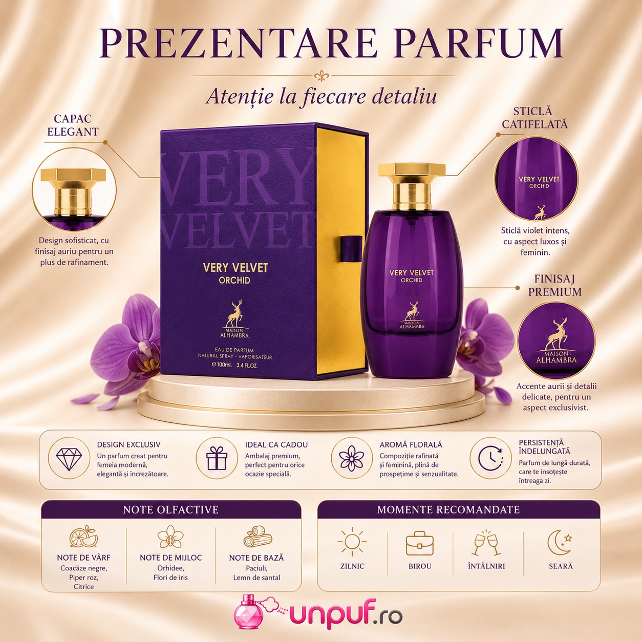 Alhambra Very Velvet Orchid prezentare parfum cu note olfactive și detalii premium