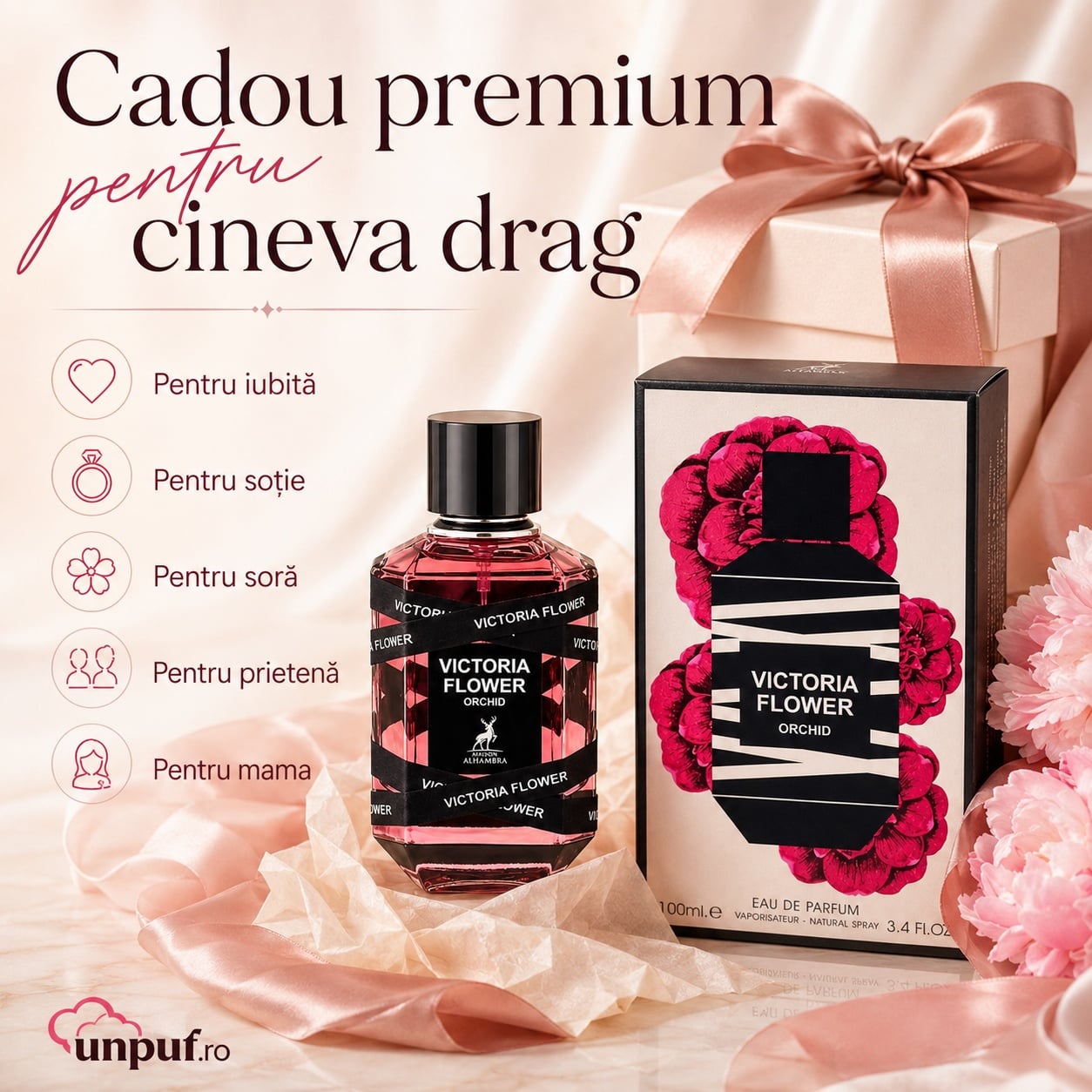 Cadou premium Alhambra Victoria Flower Orchid pentru iubită, soție, soră, prietenă sau mamă