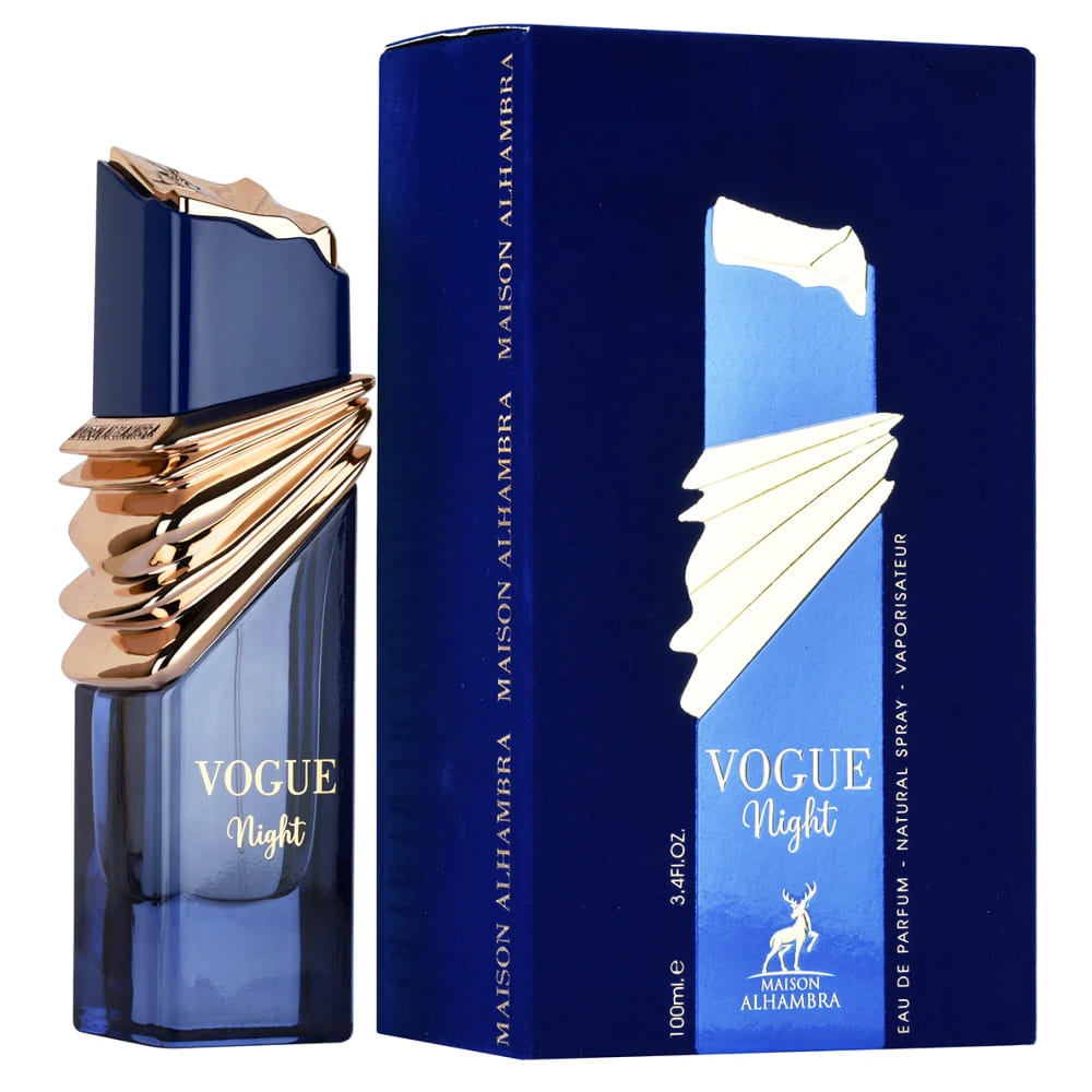 Produs real Alhambra Vogue Night 100 ml cu sticlă albastră și cutie Maison Alhambra