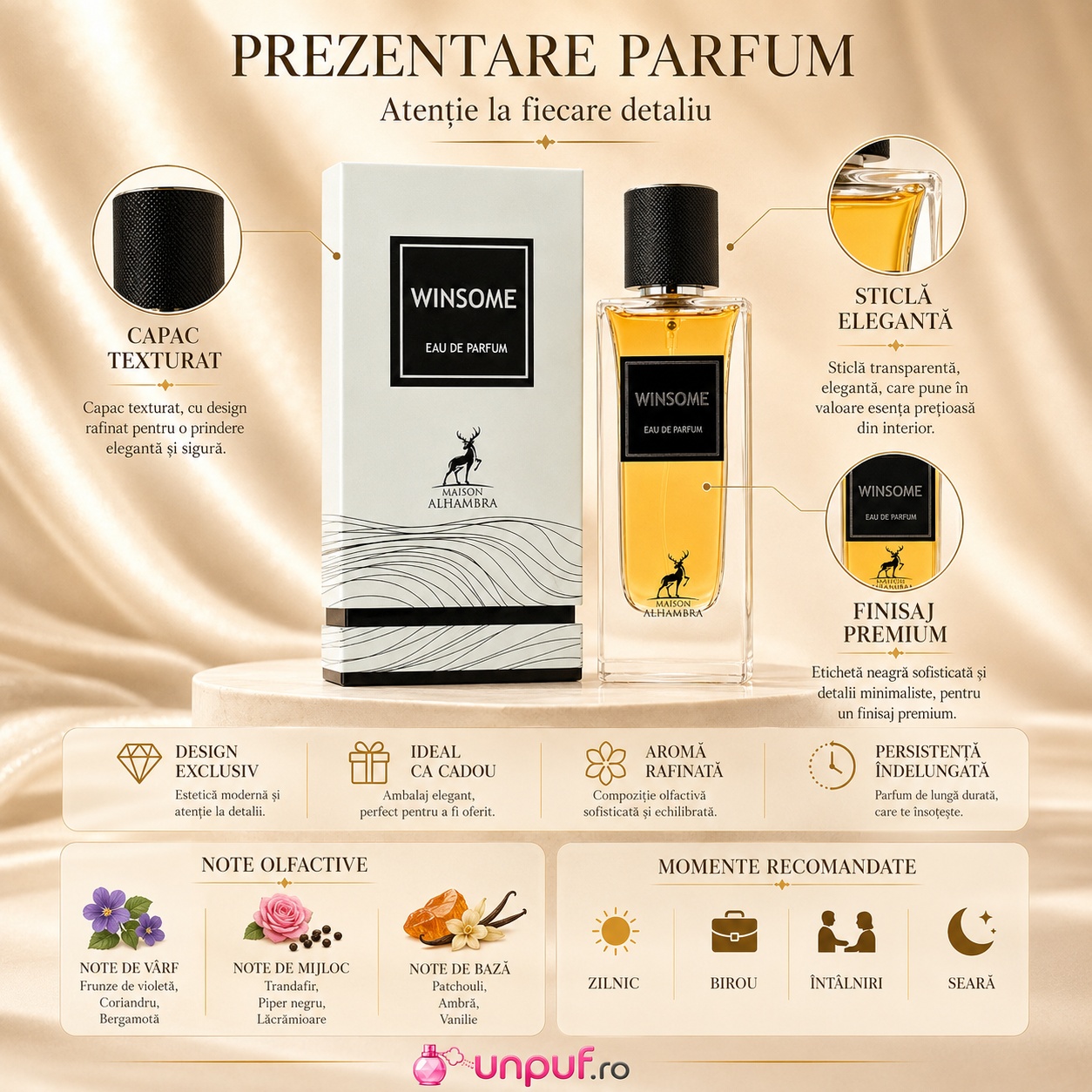 Alhambra Winsome note olfactive parfum oriental modern cu bergamotă condimente trandafir ambră mosc vanilie și cedru