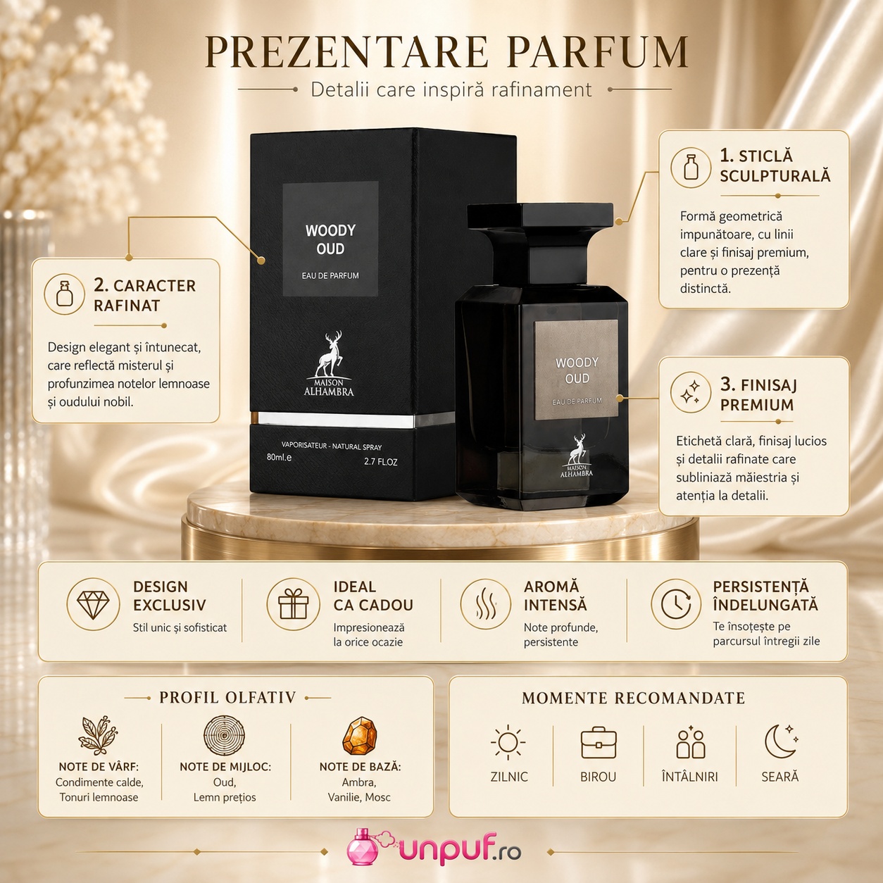 Alhambra Woody Oud prezentare parfum cu note lemnoase oud ambră vanilie și mosc