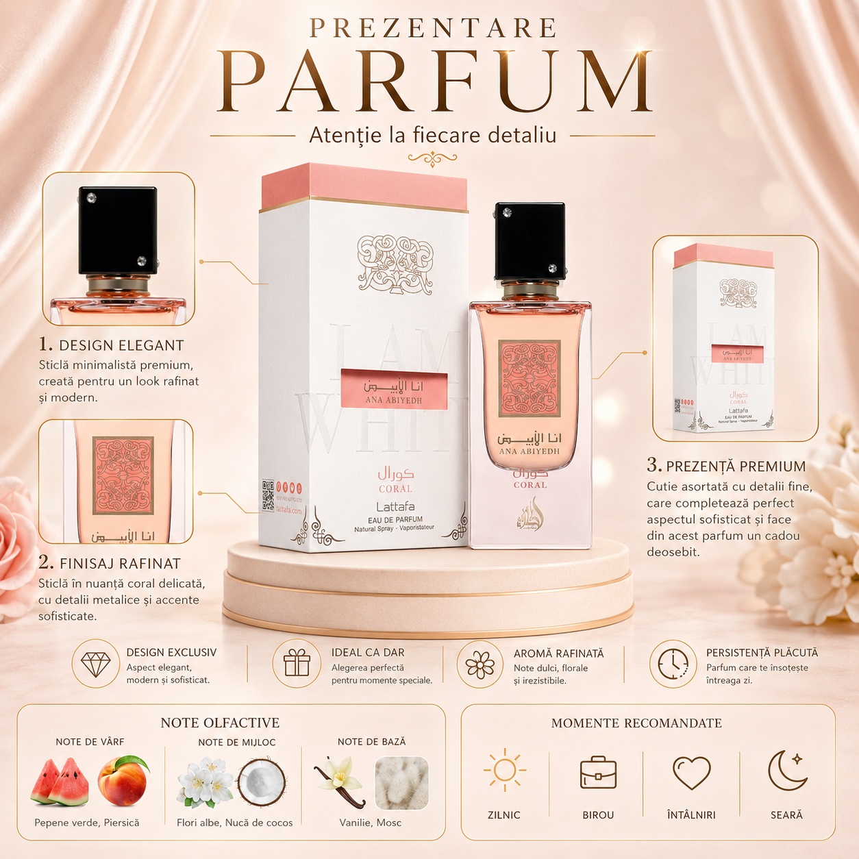 Prezentare Ana Abiyedh Coral Lattafa cu design elegant, finisaj rafinat, aromă floral fructată, note de pepene roșu, piersică, flori albe, nucă de cocos, vanilie și mosc