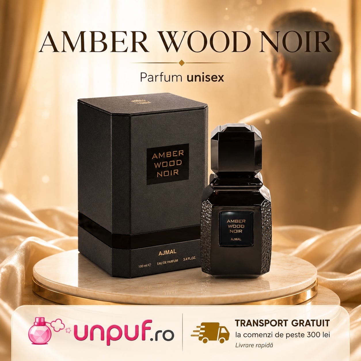 Ajmal Amber Wood Noir prezentare premium cu flacon negru, cutie elegantă și transport gratuit peste 300 lei
