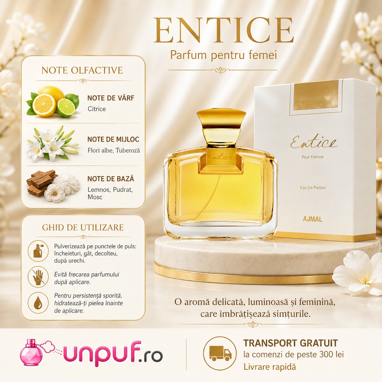 Ajmal Entice ghid de utilizare, note citrice, flori albe, tuberoză, lemnos, pudrat și mosc