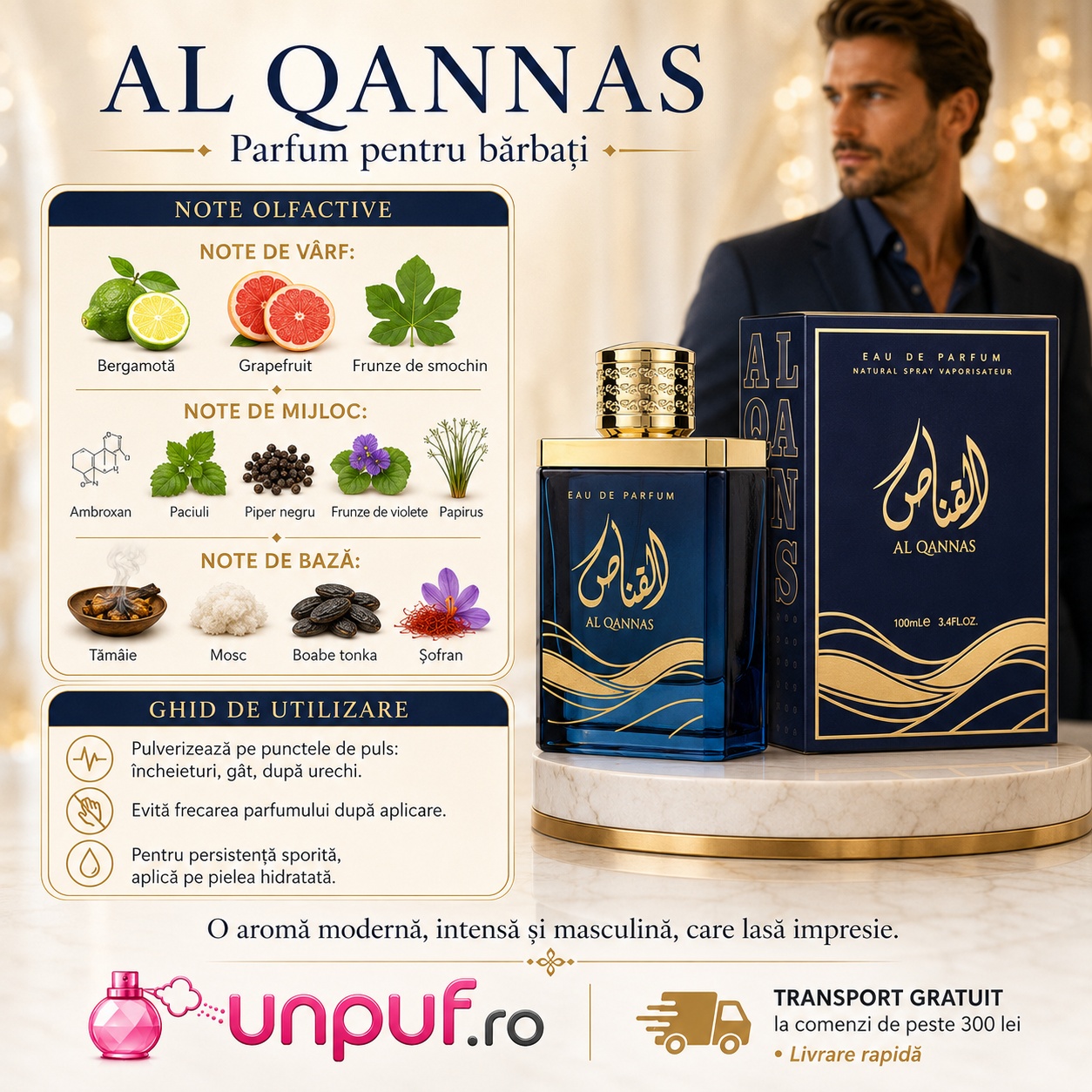 Al Qannas Ard Al Zaafaran parfum pentru bărbați cu bergamotă, grapefruit, frunze de smochin, ambroxan, paciuli, piper negru, tăm&acirc;ie, mosc, boabe tonka și șofran