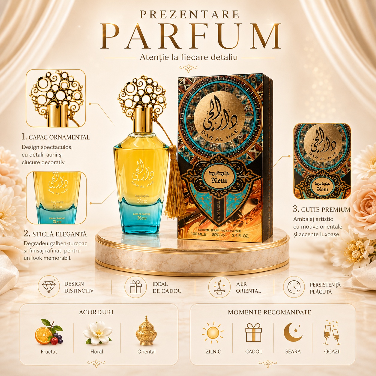 Prezentare Parfum Arăbesc Dar Al Hae New cu capac ornamental, sticlă elegantă, cutie premium, acorduri fructate florale orientale și momente recomandate