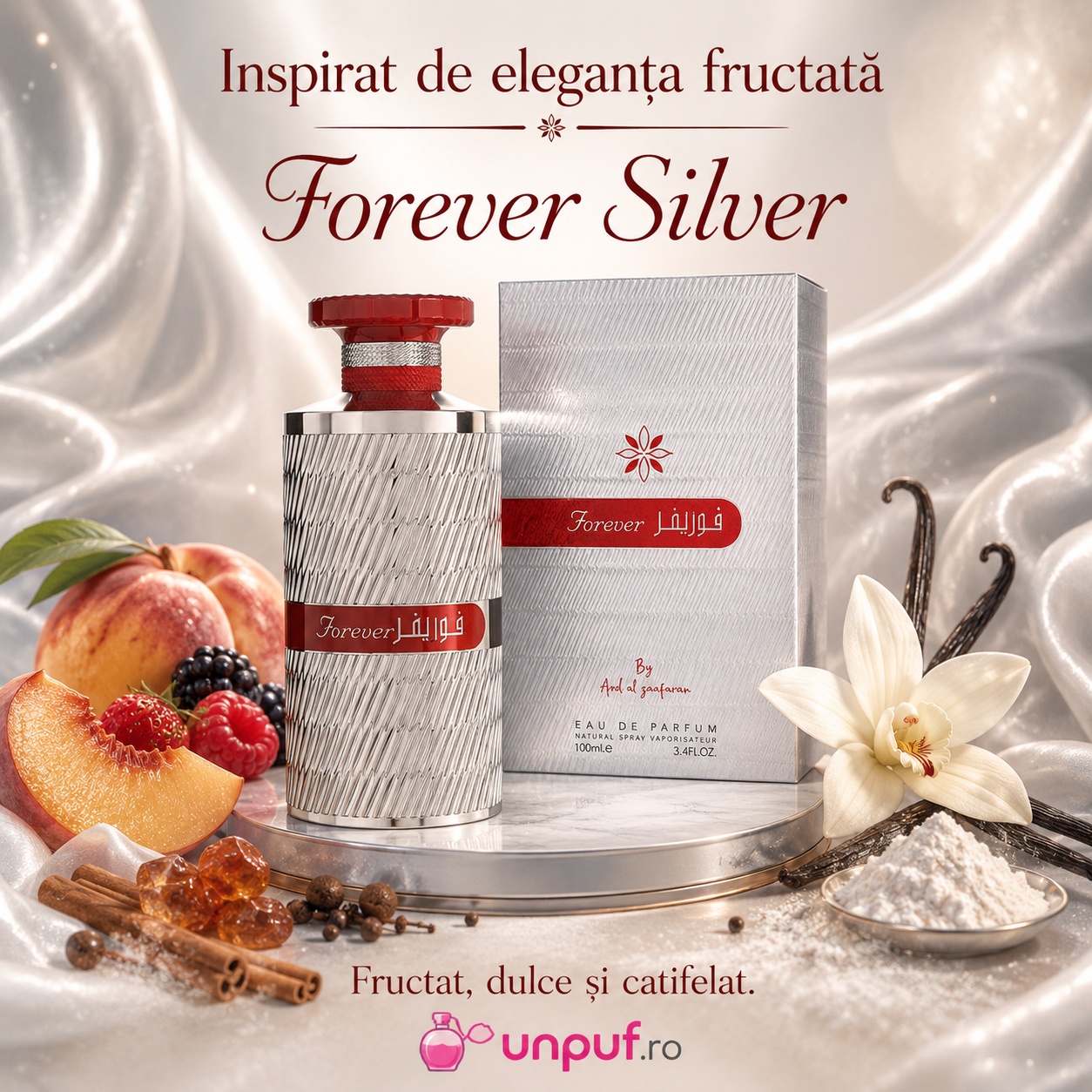 Forever Silver inspirat de eleganța fructată, parfum dulce, catifelat și modern