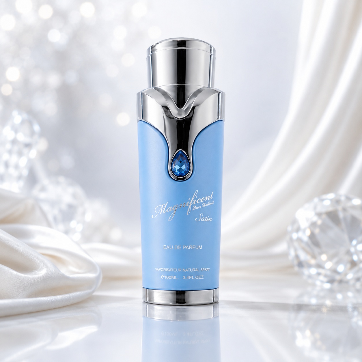 Flacon Armaf Magnificent Satin 100 ml parfum unisex albastru satinat cu capac argintiu și piatră decorativă