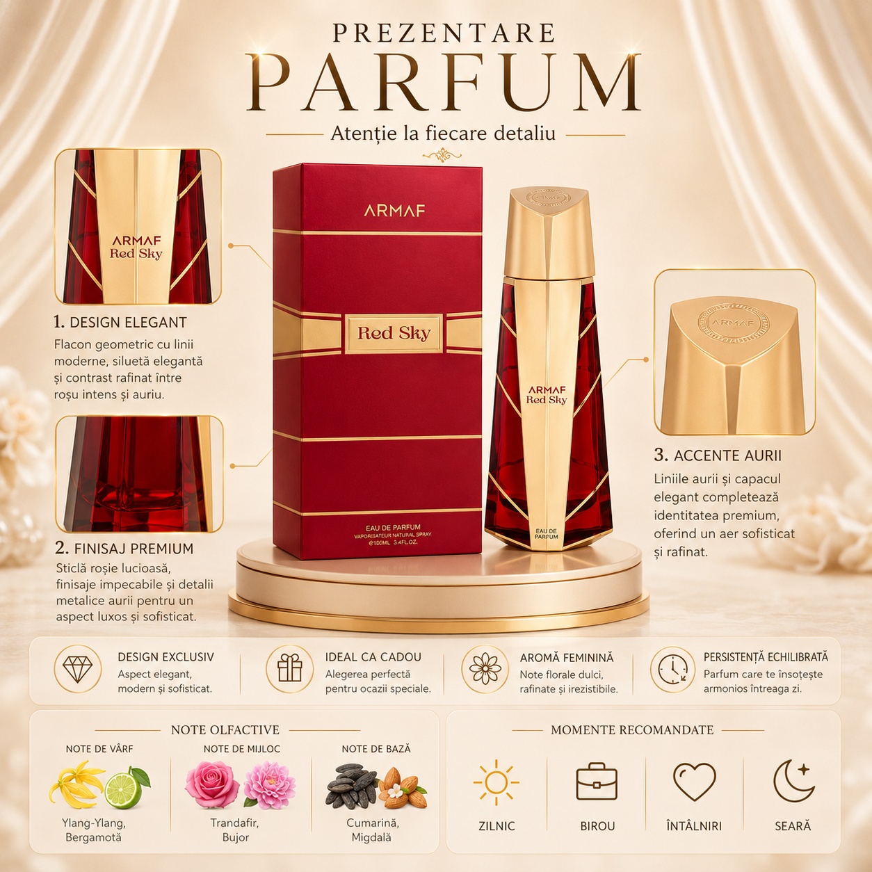 Prezentare Armaf Red Sky cu design premium, parfum floral dulce și notele ylang-ylang, bergamotă, trandafir, bujor, cumarină și migdală