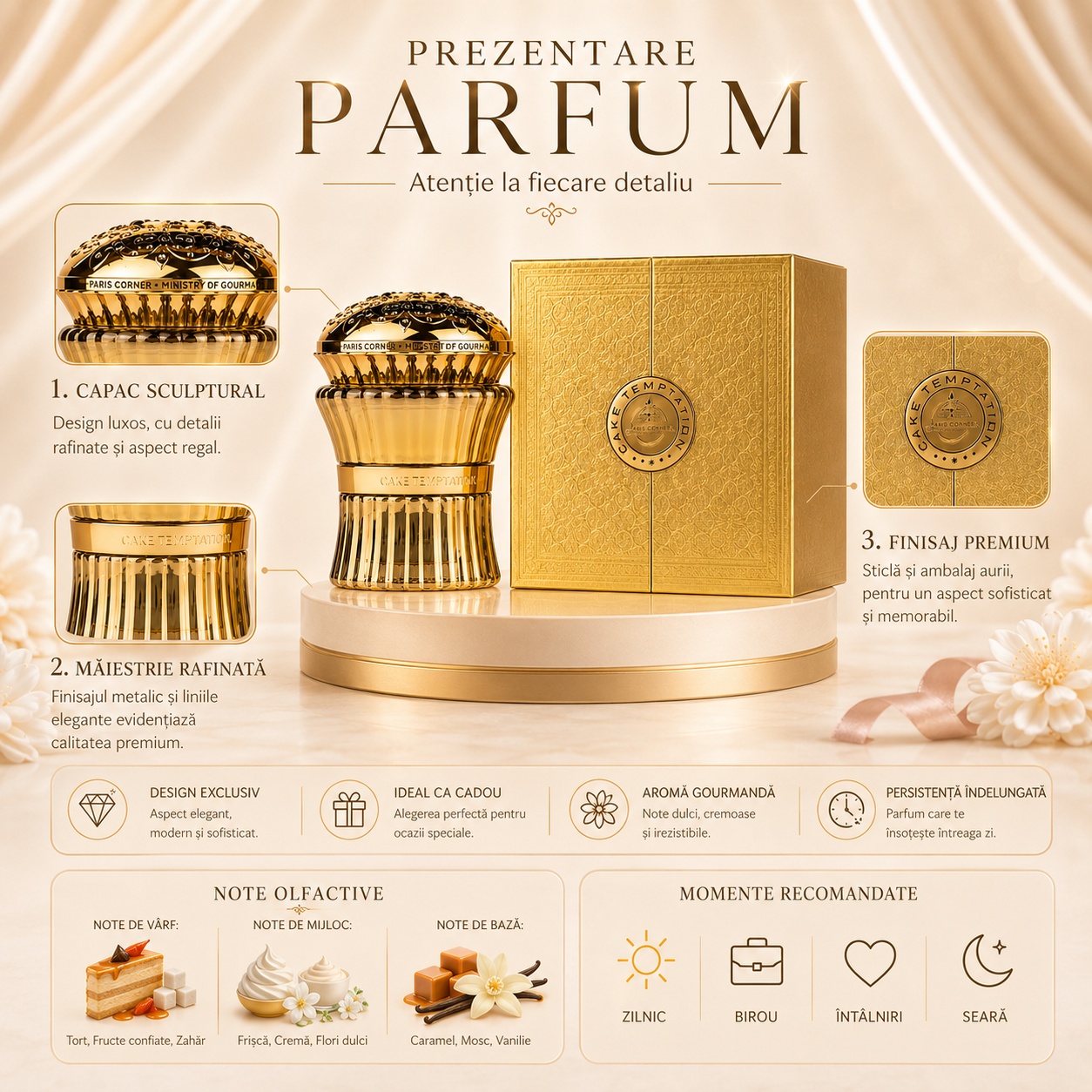 Prezentare parfum Cake Temptation cu note olfactive, design premium și momente recomandate
