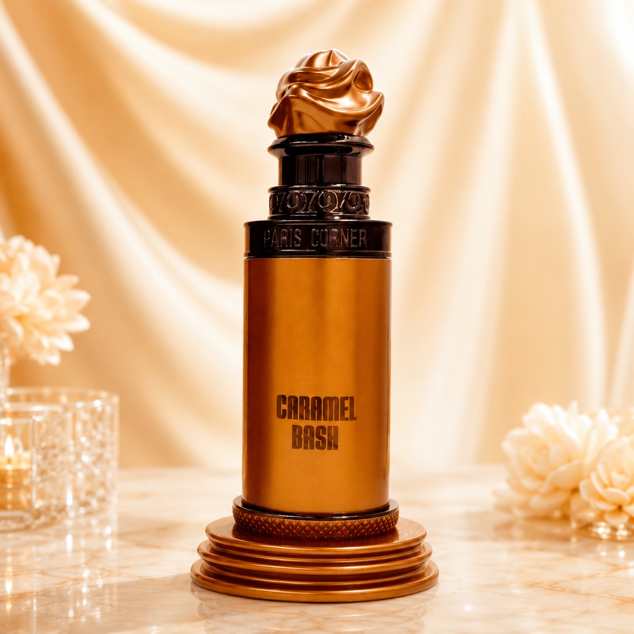 Flacon Caramel Bash Paris Corner 100 ml cu design caramel auriu și capac sculptural premium