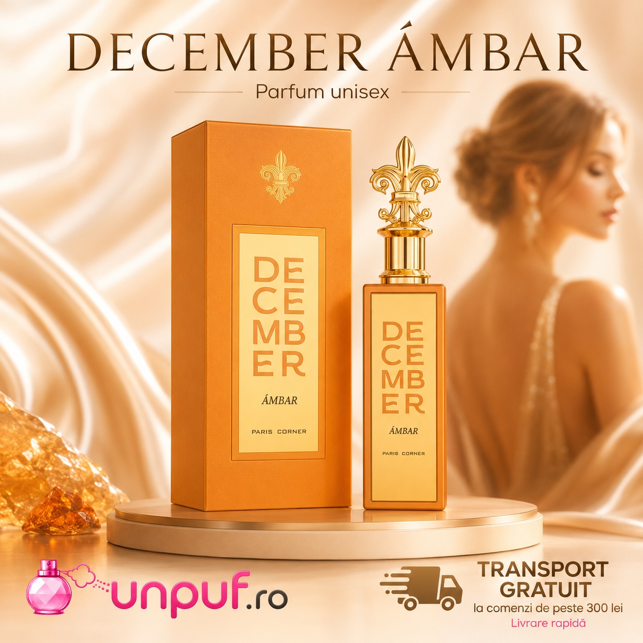 December Ambar Paris Corner parfum unisex cu prezentare ambrată și aromă caldă rafinată