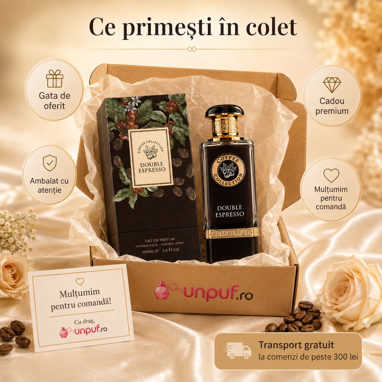 Ce primești &icirc;n colet Double Espresso Fragrance World 100 ml parfum unisex ambalat cu atenție cadou premium