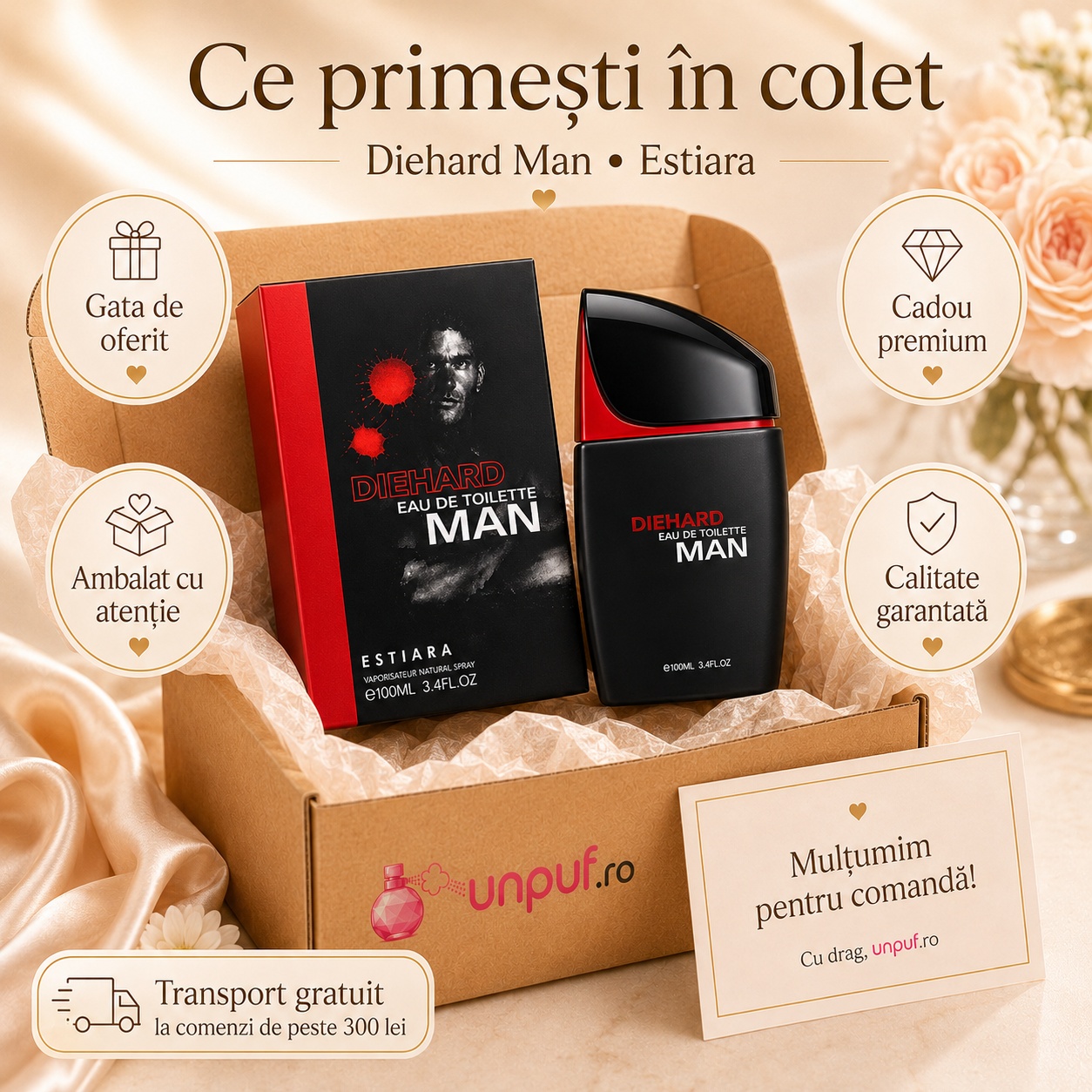 Ce primești în colet la parfumul Estiara Die Hard, ambalaj premium UnPuf.ro