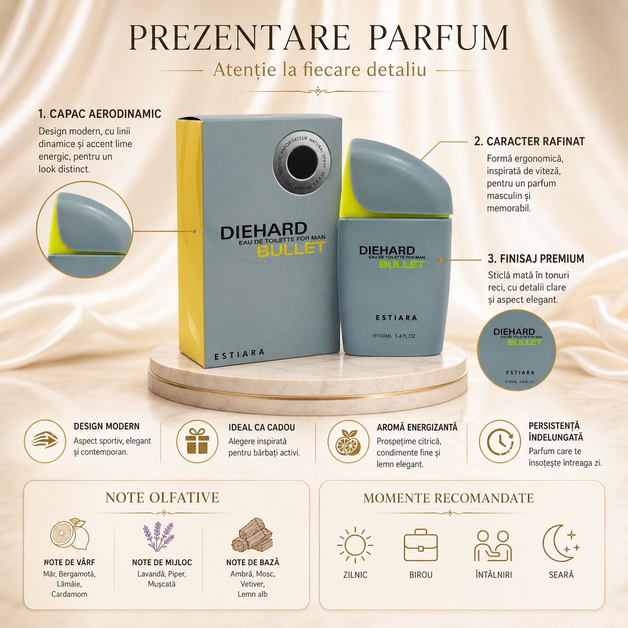 Prezentare detaliată Estiara Die Hard Bullet cu design modern, capac aerodinamic și momente recomandate