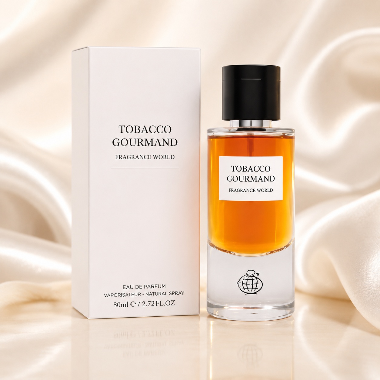 Parfum Arăbesc Fragrance World Tobacco Gourmand Eau de Parfum 80ml, sticlă amber și cutie albă elegantă