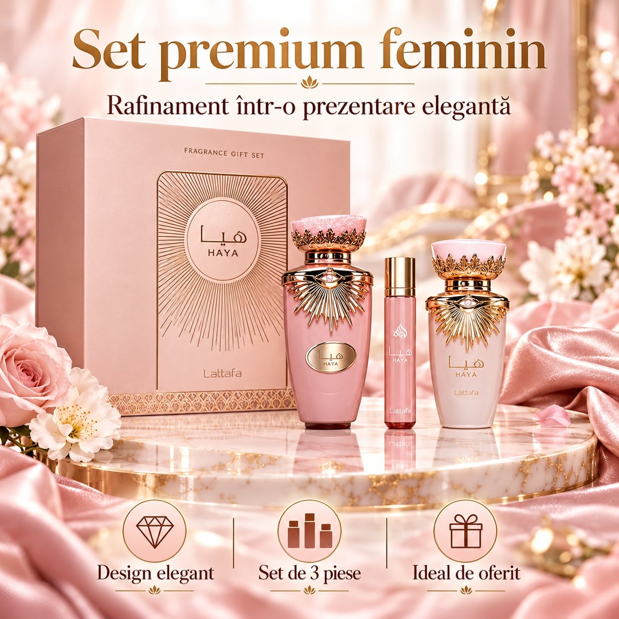 Lattafa Haya set premium feminin cu trei piese și prezentare elegantă