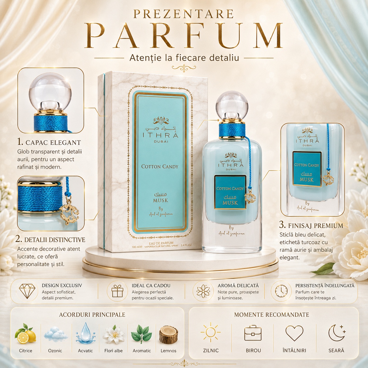 Prezentare Ithra Dubai Cotton Candy Musk cu capac elegant, detalii distinctive, finisaj premium, aromă delicată, persistență &icirc;ndelungată și acorduri citrice, ozonic, acvatic, flori albe, aromatic, lemnos