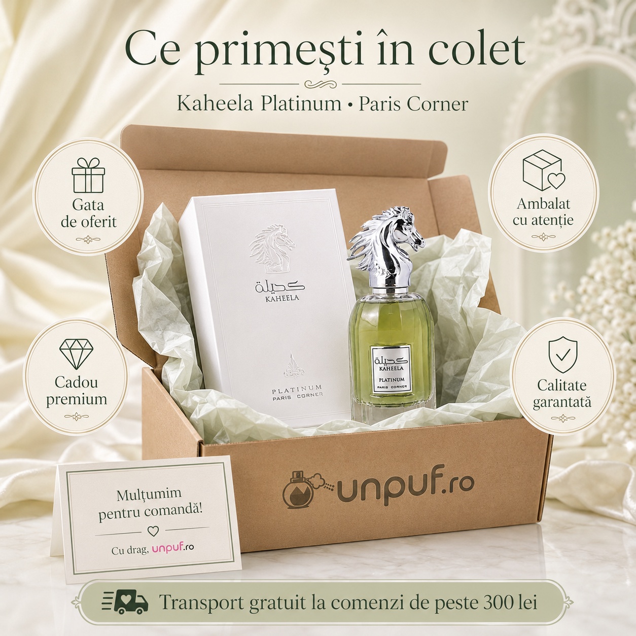 Ce primești &icirc;n colet Kaheela Platinum Paris Corner 85 ml parfum original, cutie premium, ambalare atentă, cadou premium și calitate garantată