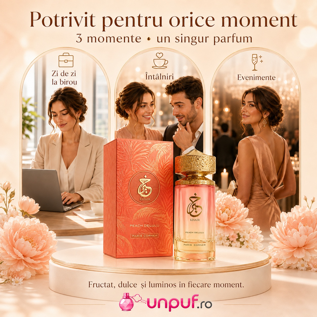 Khair Peach Delulu Paris Corner potrivit pentru zi de zi la birou, &icirc;nt&acirc;lniri și evenimente, parfum fructat dulce și luminos &icirc;n fiecare moment