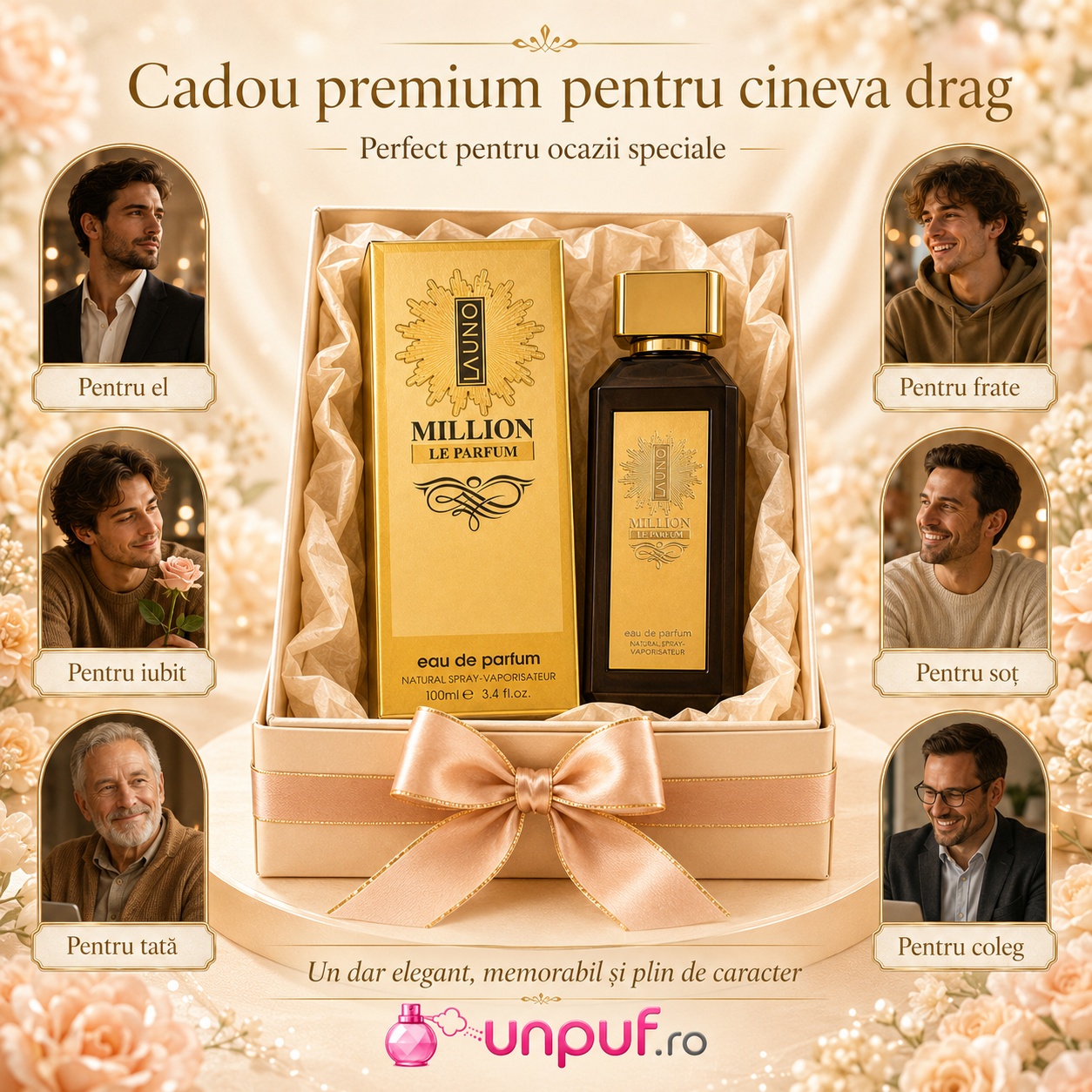 Prezentare parfum La Uno Million Le Parfum Fragrance World cu design premium negru și auriu