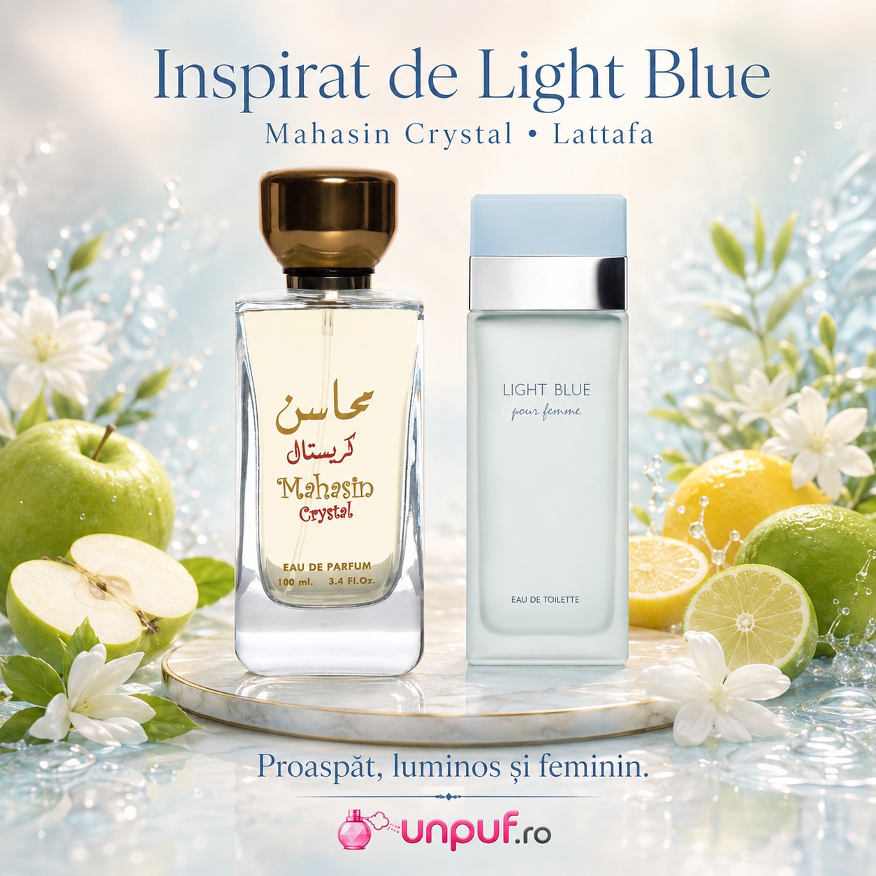 Lattafa Mahasin Crystal inspirat de Light Blue, parfum proaspăt luminos și elegant