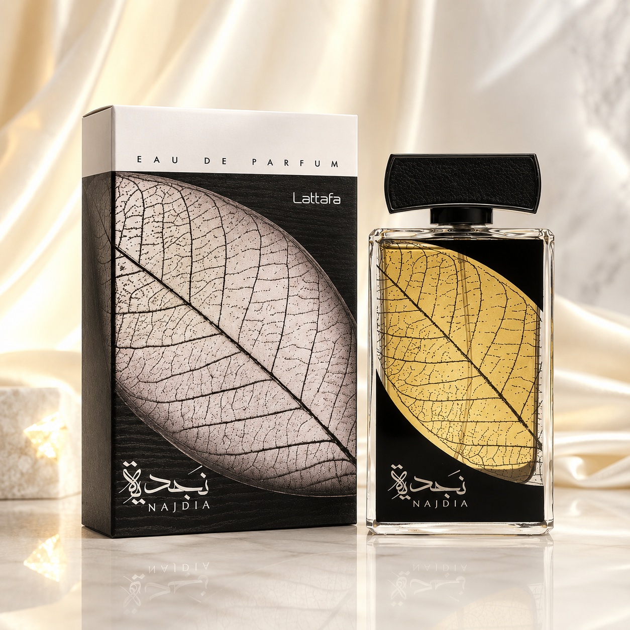 Parfum Arăbesc Lattafa Najdia 100 ml damă cu flacon negru, frunză aurie și cutie premium