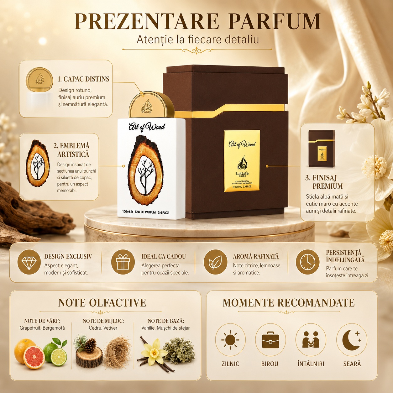 Prezentare parfum Lattafa Pride Art Of Wood cu note olfactive grapefruit bergamotă cedru vetiver vanilie și mușchi de stejar