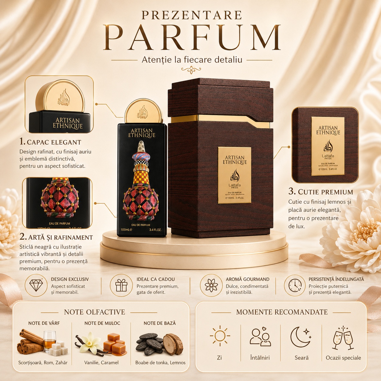 Prezentare parfum Lattafa Pride Artisan Ethnique cu note olfactive scorțișoară rom zahăr vanilie caramel boabe de tonka și note lemnoase