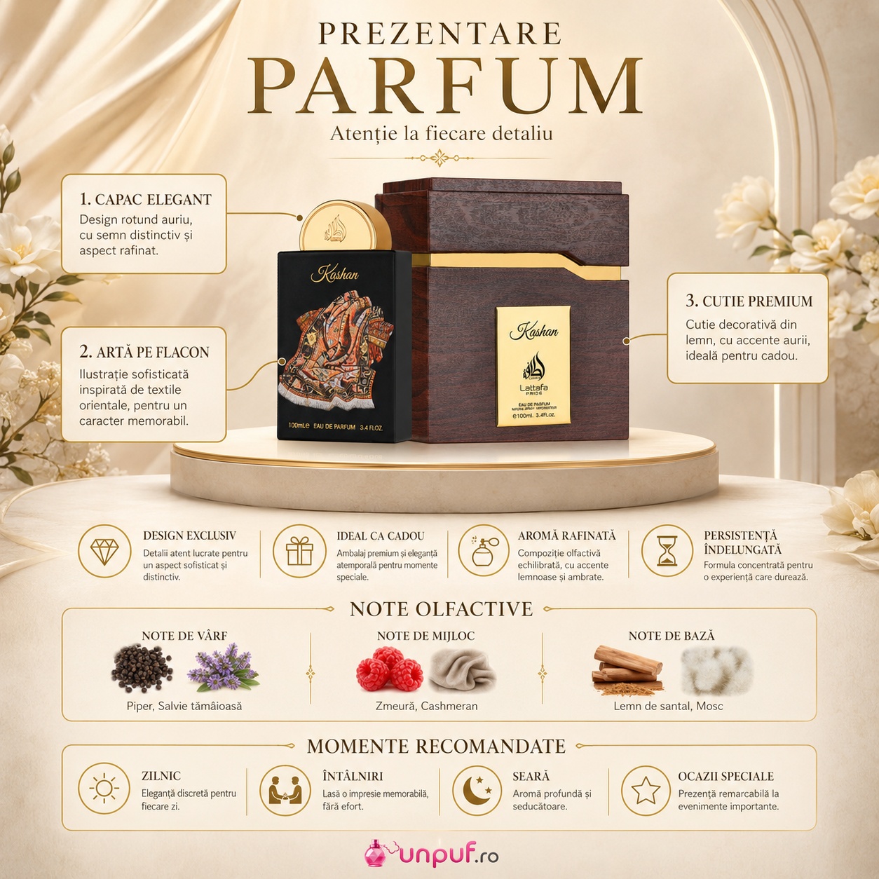 Prezentare parfum Lattafa Pride Kashan cu note olfactive piper, salvie tăm&acirc;ioasă, zmeură, cashmeran, lemn de santal și mosc