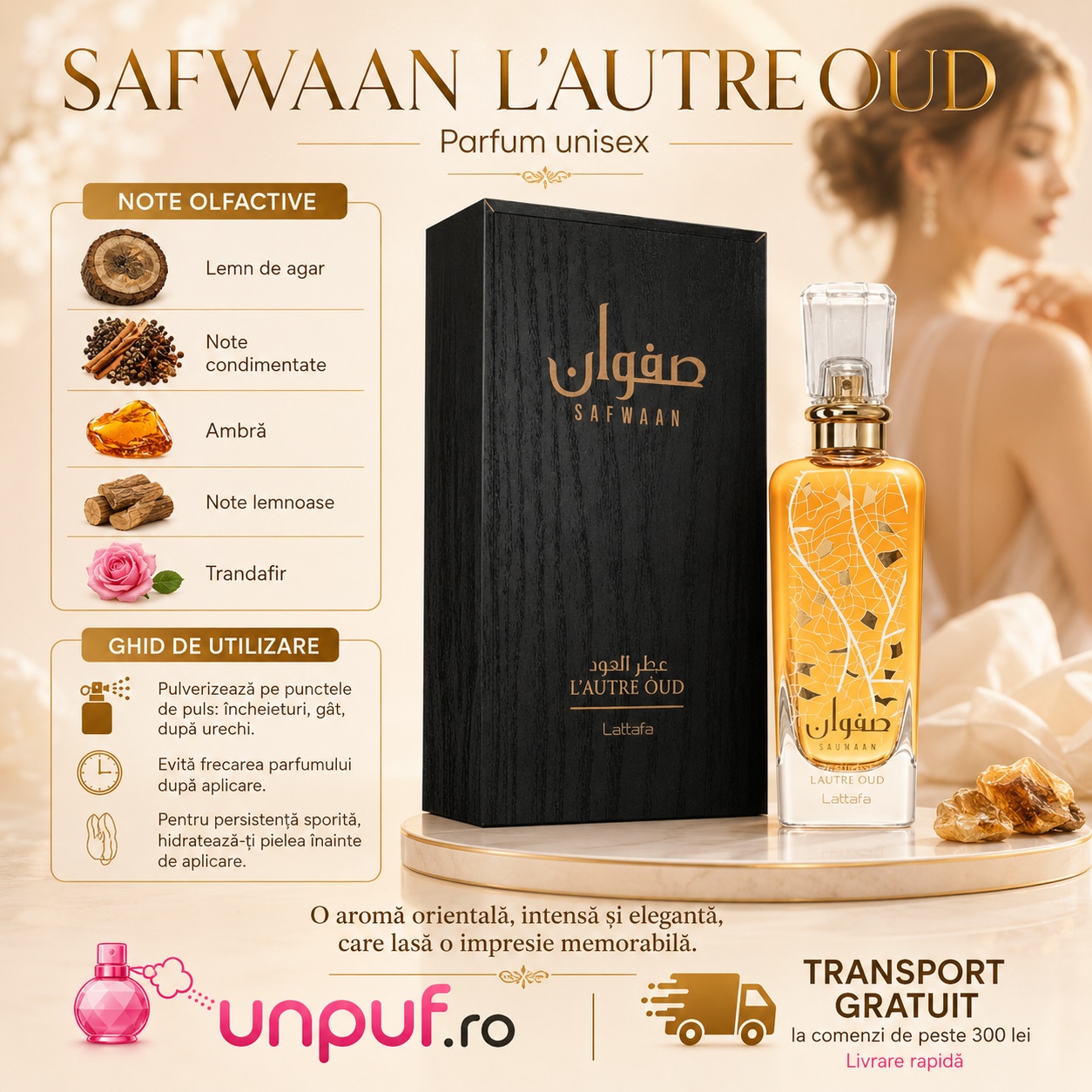 Lattafa Safwaan L&rsquo;Autre Oud parfum cu note de lemn de agar, condimente, ambră, note lemnoase și trandafir