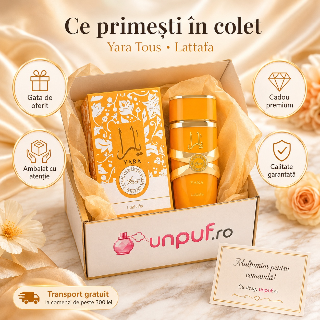 Ce primești &icirc;n colet Lattafa Yara Tous 100 ml parfum bărbat ambalat cu atenție cadou premium