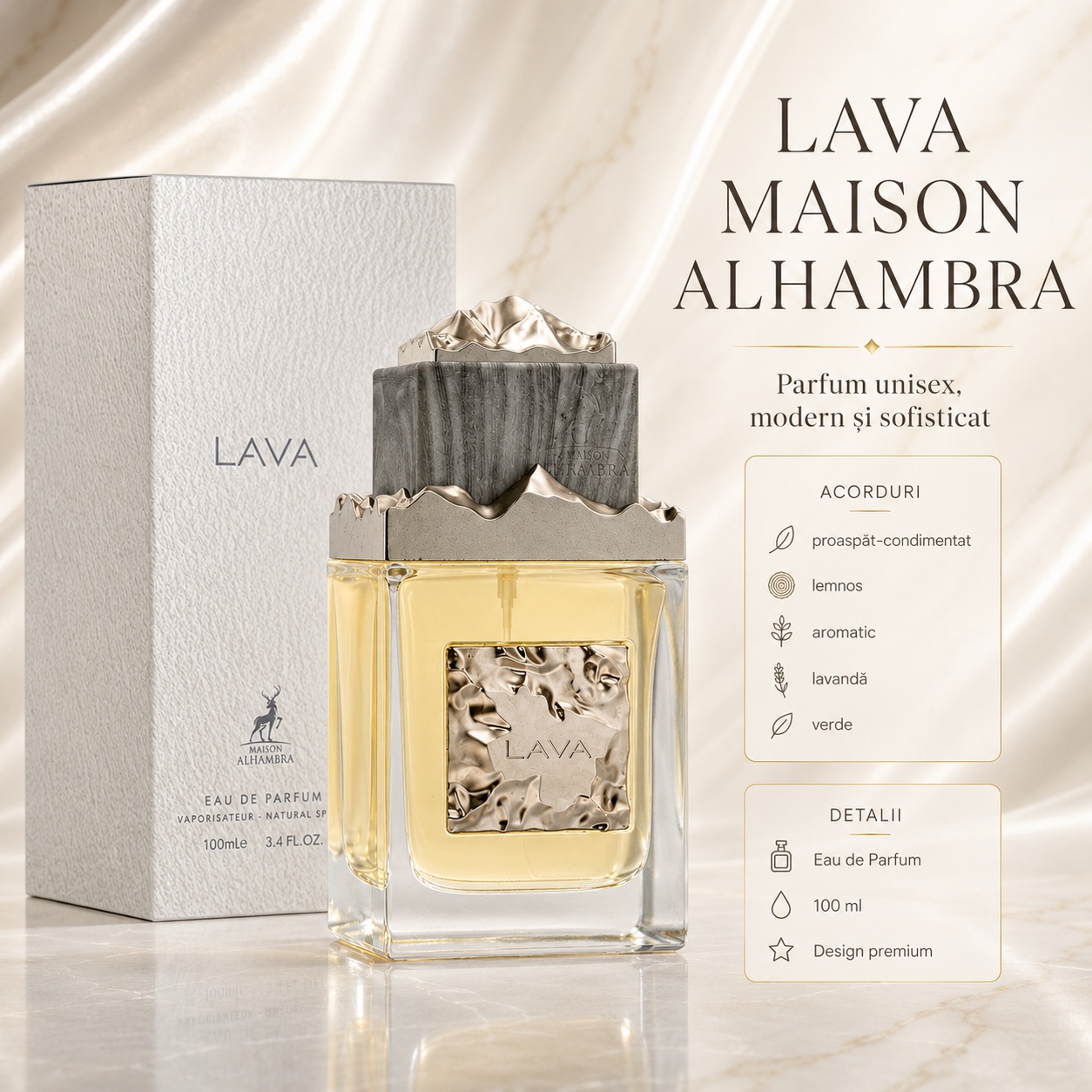Lava Maison Alhambra parfum unisex modern și sofisticat cu acorduri proaspăt condimentate, lemnoase și aromatice